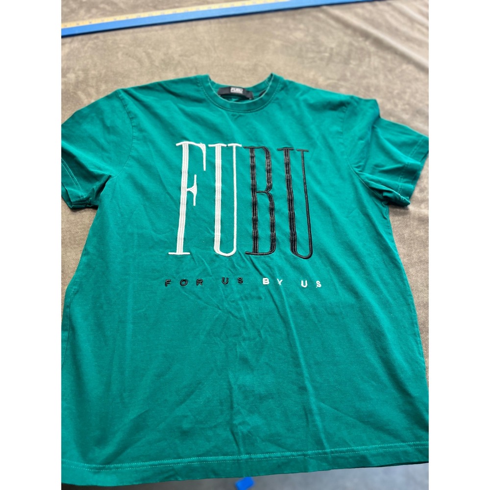 FUBU Mens Short Sleeve T-Shirt Teal Green Embroidered Logo For Us By Us Small